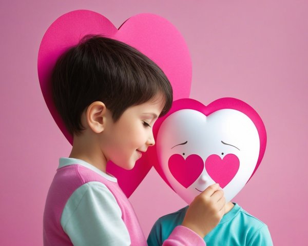 Child with heart-shaped mask in playful scene