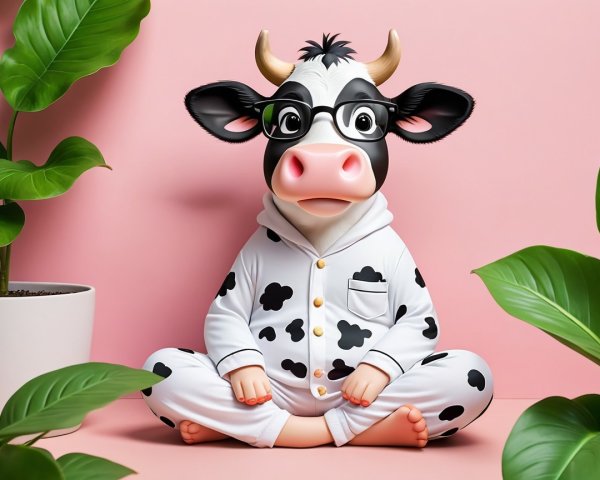 Cartoon Cow in Pajamas on Pink Background with Leaves