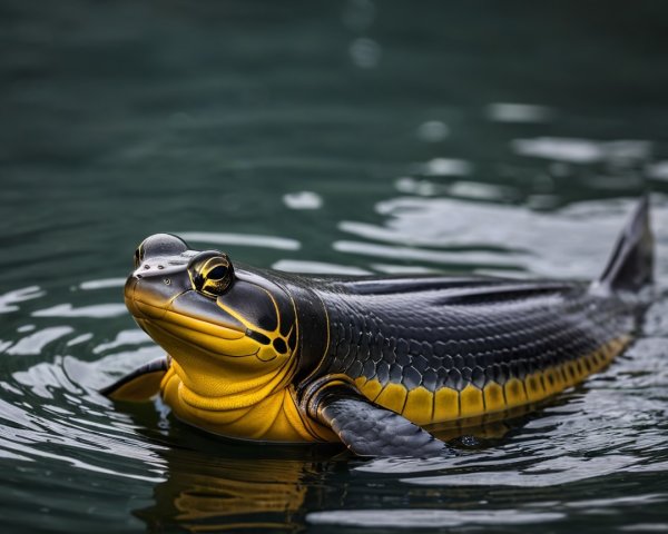 Unique turtle swimming in dark green water with patterns