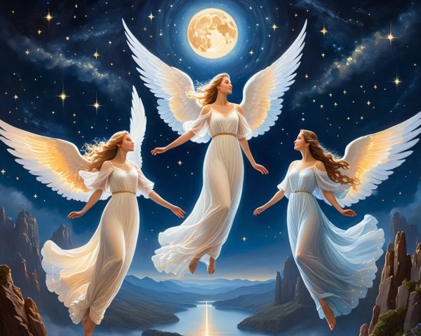 Angels Soaring in a Starry Night Sky with Moonlight