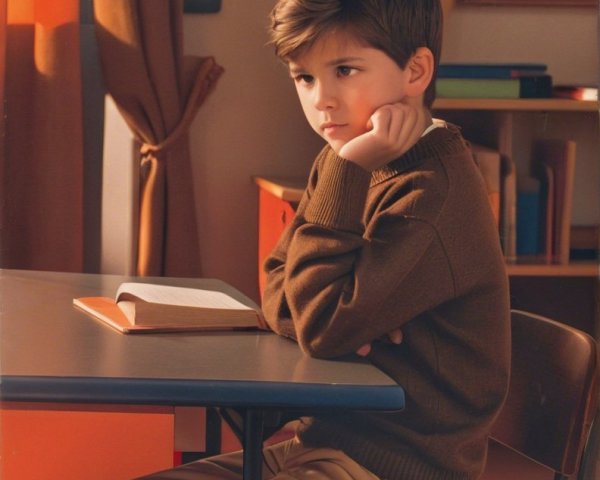 Young boy in cozy room with open book and sunlight