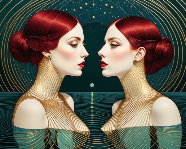 Profile of Two Women in Dark Teal Water Setting