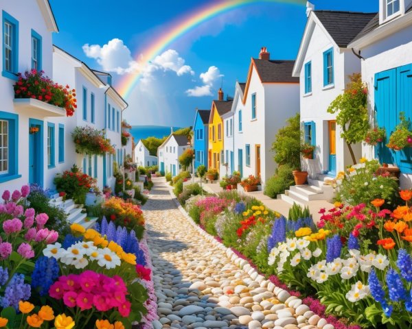 Charming Village Street with Colorful Houses and Rainbow