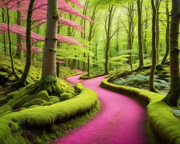 Serene Forest Pathway with Lush Greenery and Pink Trees