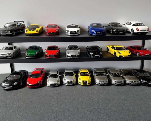 Die-Cast Model Cars Collection on Multi-Tiered Shelf