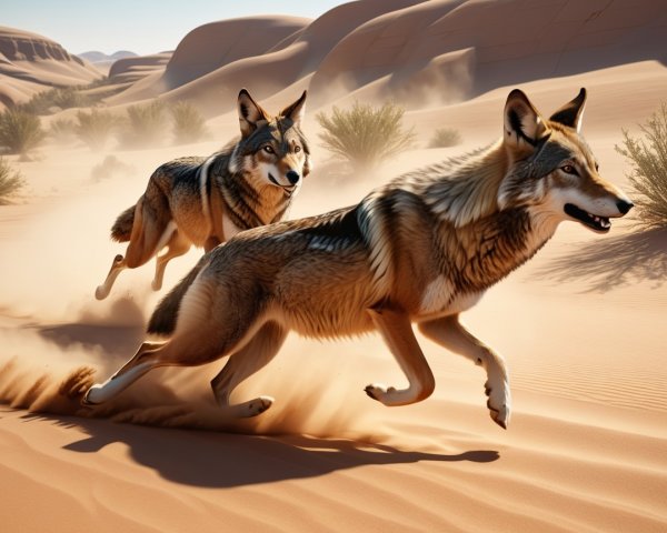 Coyotes Running in a Sandy Desert Landscape