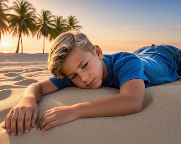 Young boy on sandy beach at sunset with palm trees