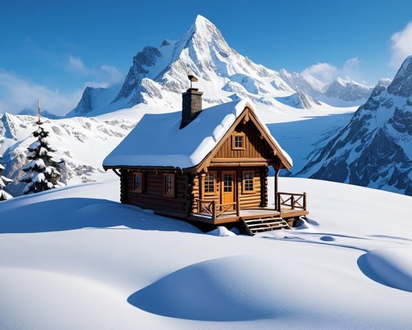 Wooden cabin in snowy landscape with mountains and pines