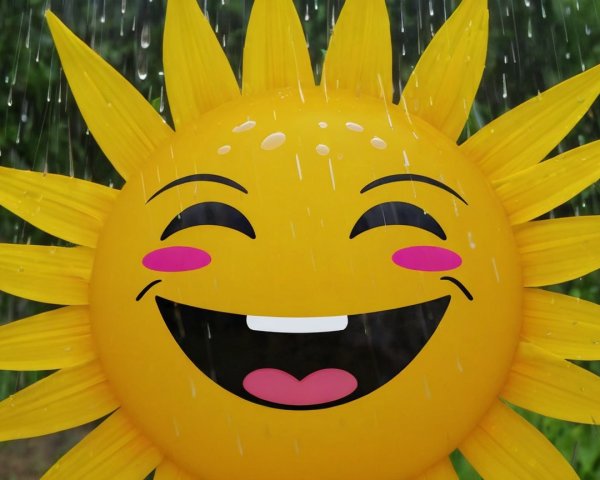 Cheerful Sun Emoji Surrounded by Raindrops