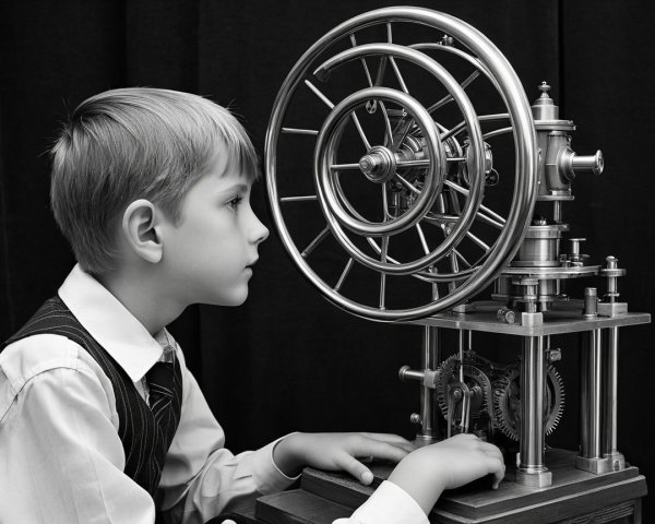 Young Boy Observes Intricate Metallic Machine in B&W
