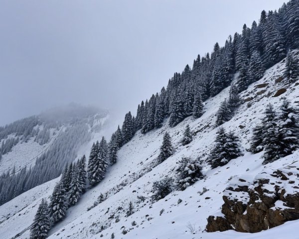 Snowy Alpine Landscape with Pine Trees and Mountains
