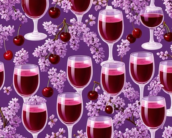 Seamless Pattern of Wine Glasses and Lilac Branches
