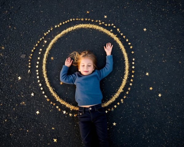 Child Surrounded by Golden Stars on Dark Surface