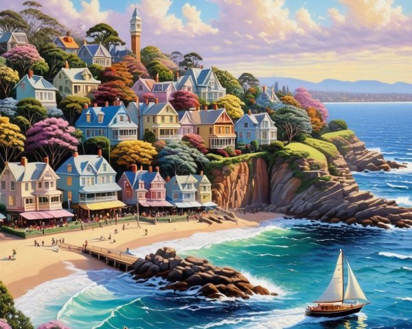 Coastal Village with Victorian Houses and Scenic Beach