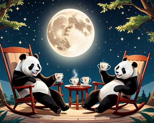 Pandas Enjoy Tea Under the Full Moon at Night