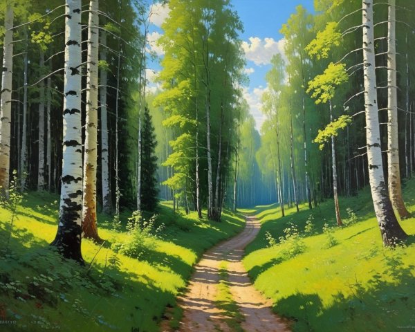 Sunlit Forest Road with Birch Trees and Blue Sky