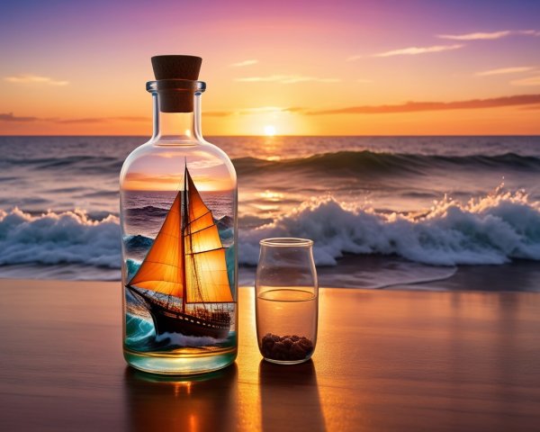 Glass Bottle with Sailing Ship and Sunset Reflection