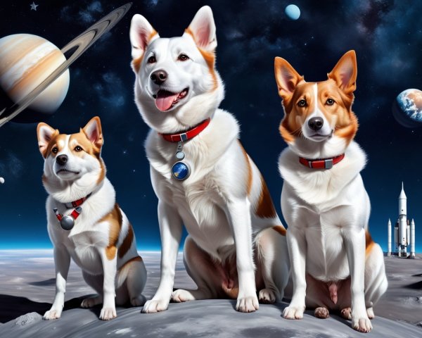 Corgi-like Dogs on Lunar Landscape with Rocket and Planets