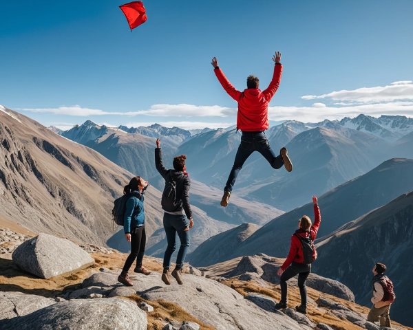 Hikers on Rocky Terrain with Majestic Mountains
