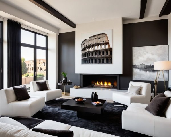 Modern Living Room with White Furniture and Dark Wall