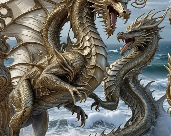 Dragons Emerging from Waves in a Mythical Ocean Scene