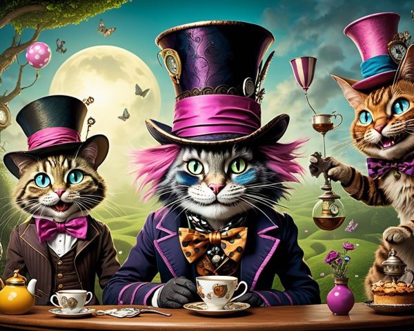 Cats in Top Hats at Enchanted Tea Party Scene