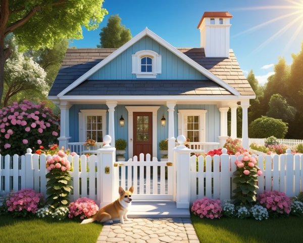 Charming blue cottage with vibrant flowers and dog