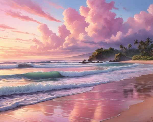 Serene beach sunset with calm waters and palm trees