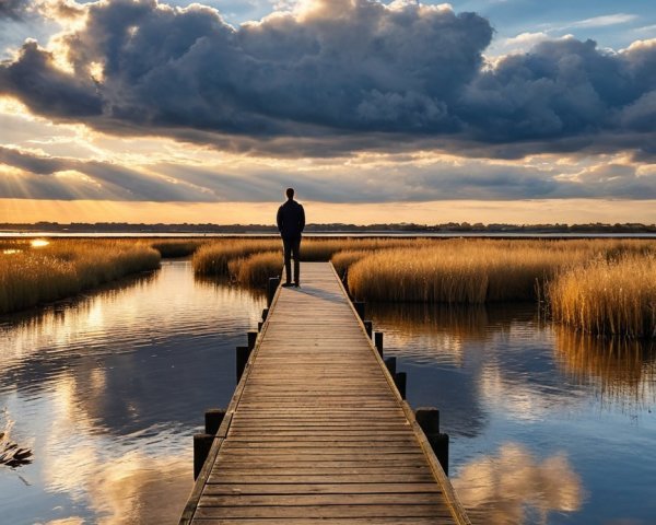 Solitary Figure on Pier at Sunset with Dramatic Sky