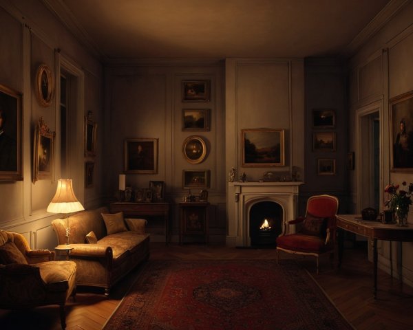 Luxurious Living Room with Classic Artwork and Fireplace