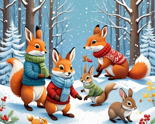 Playful Foxes in Colorful Sweaters in Winter Scene