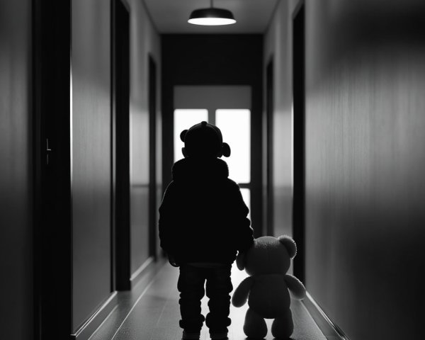 Child with Teddy Bear in Dark Hallway Silhouette