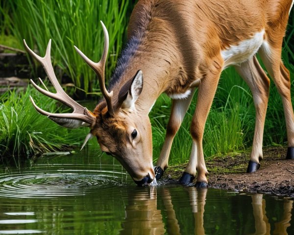 White-tailed deer drinking from a reflective pond
