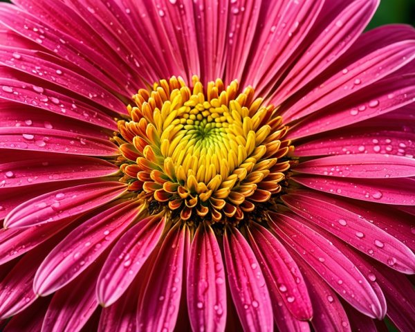 Vibrant Pink Flower with Yellow Core and Water Droplets
