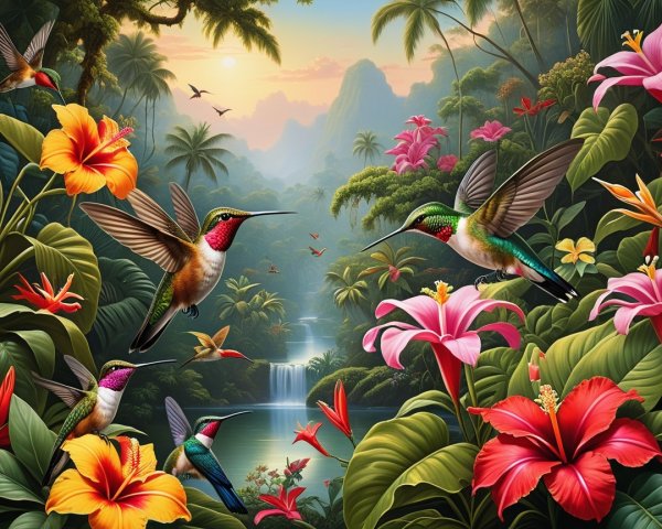 Vibrant Jungle Scene with Hummingbirds and Waterfall