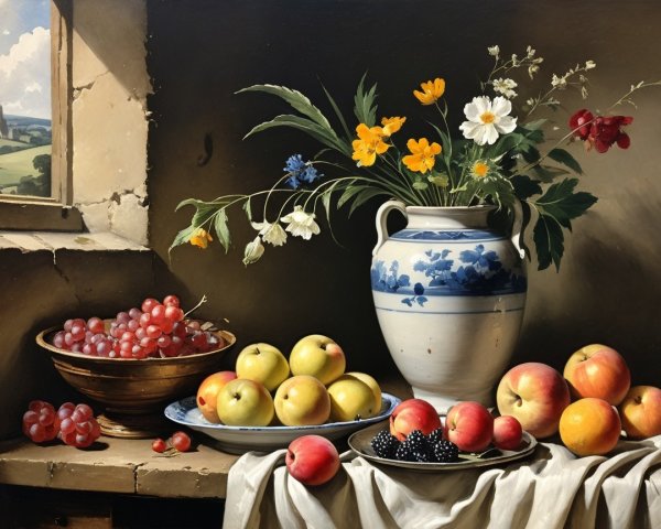 Detailed Still Life with Fruits and Blossoms in Landscape