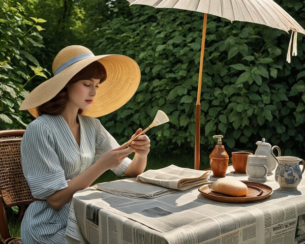Woman in Garden with Straw Hat and Table Items
