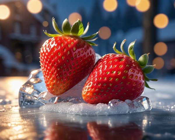Red Strawberries on Ice with Winter Town Background