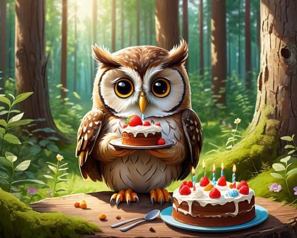 Owl with Birthday Cake in a Vibrant Forest Setting