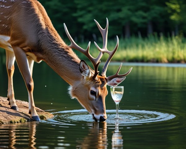 Stag Drinking from Lake with Reflection and Nature Background