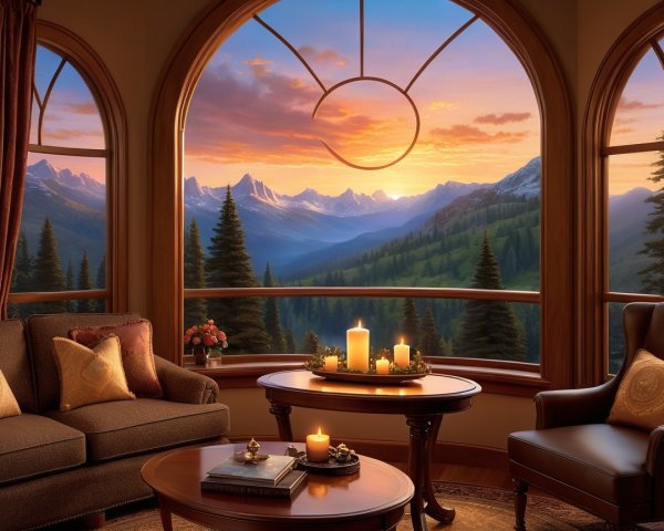 Cozy Living Room with Elegant Furniture and Mountain View