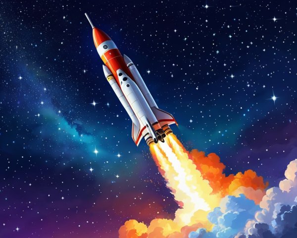 Cartoon Rocket Launching in Starry Night Sky