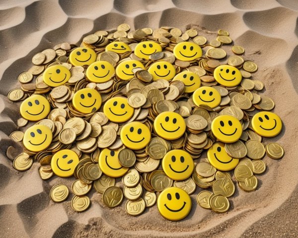 Vibrant Gold Coins with Smiley Faces on Sand