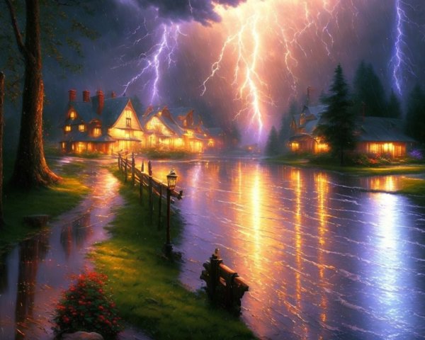 Tranquil Lakeside Village Under Thunderstorm Lights