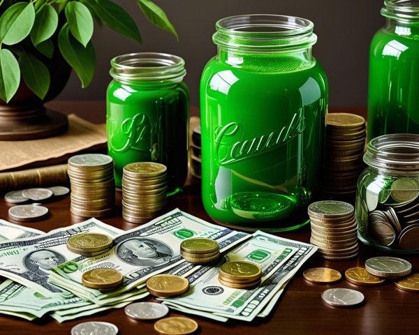 Collection of Money-Themed Items on a Wooden Table