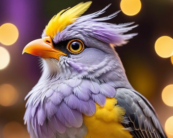Vivid Lavender and Yellow Bird with Crest and Lights