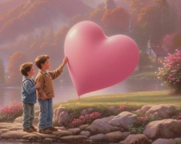 Boys on Rocky Shore with Heart-Shaped Balloon at Sunset