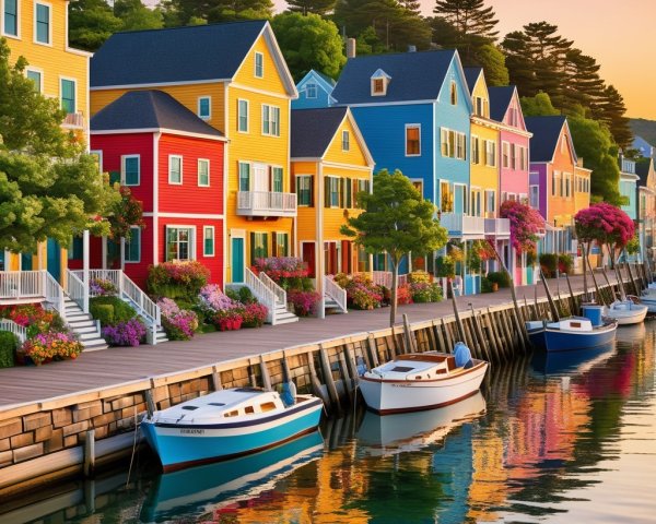 Vibrant Waterfront Scene with Colorful Houses and Boats