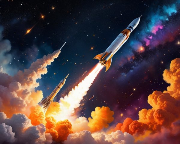 Rockets Launching into a Colorful Cosmic Backdrop