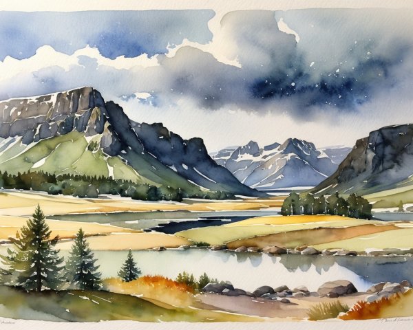Watercolor Landscape of Mountains and Tranquil River
